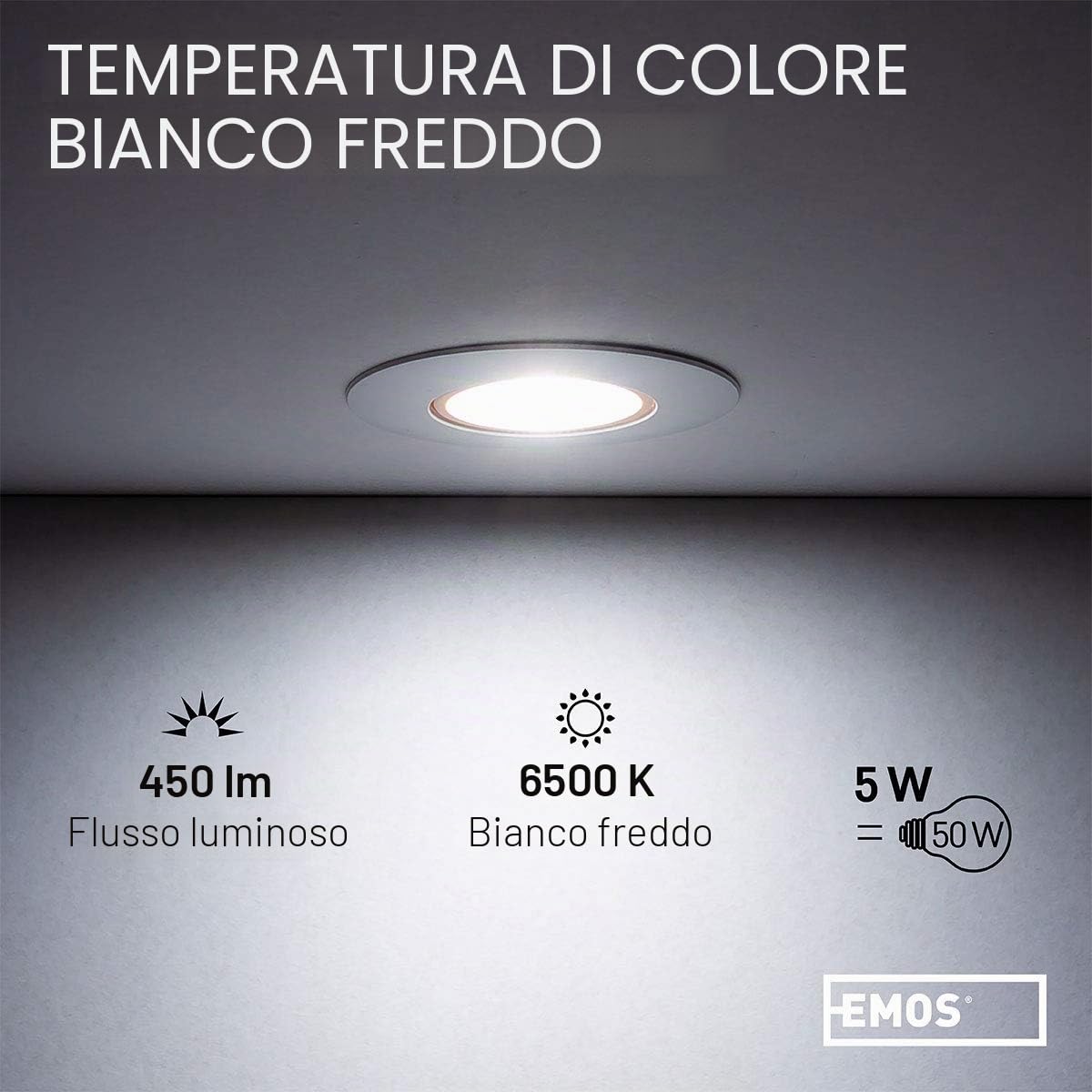 EMOS Exclusive Faretti LED da Incasso per Cartongesso 5W / 450 Lumen | Faretti da Incasso 6500K Luce Bianco freddo | Set di 12 pezzi Spot LED Orientabili a 50°, Rotondi e Ultra Piatti in Bianco