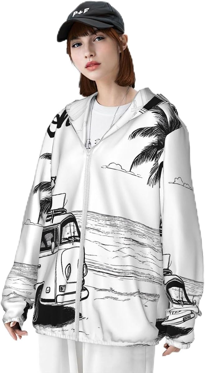 Summer Vacation Scene With Camping Van for Sun Protection Hoodie Jacket