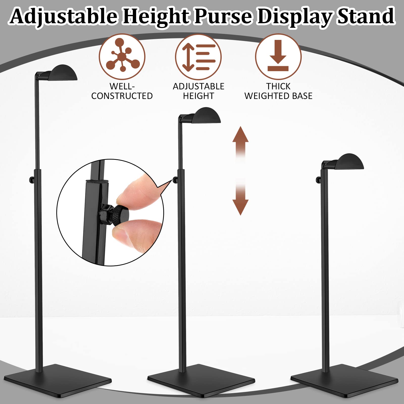 Maitys 4 Pack Purse Display Stands Stainless Steel Adjustable Height Bags Display Holder for Home Store Boutique Counter (Black)