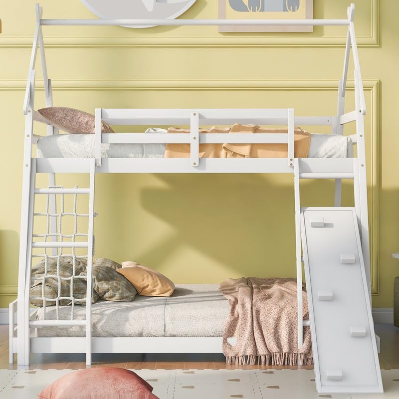 Twin Over Queen House Bunk Bed with Climbing Nets and Climbing Ramp, Stylish Solid Wood House Bunk Bed Frame with Roof, Fence and Slide, No Box Spring Needed, White