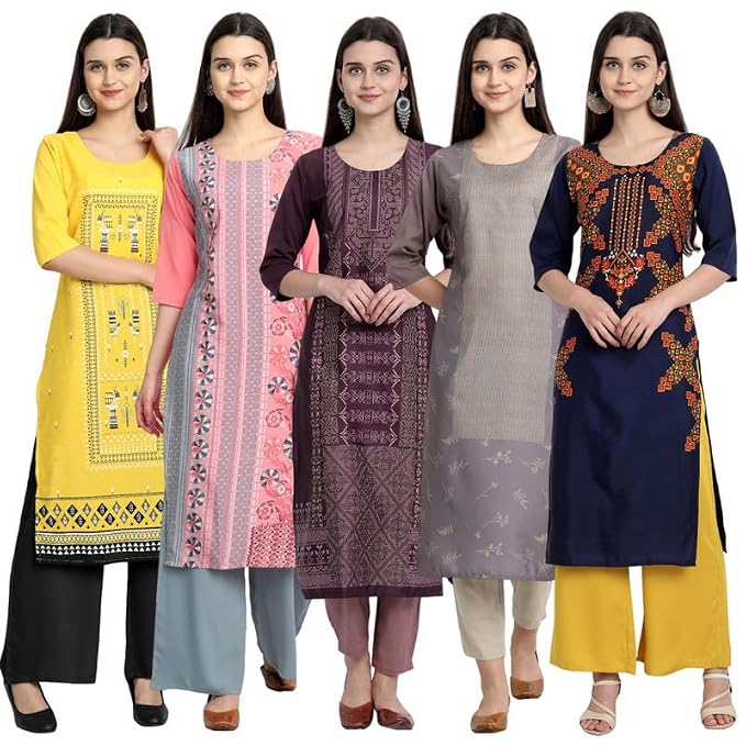 Pinkmint Women's Printed Kurti for Women's Round Neck Straight Kurti for Women (Pack of 5 Avaiable in Plus Size)