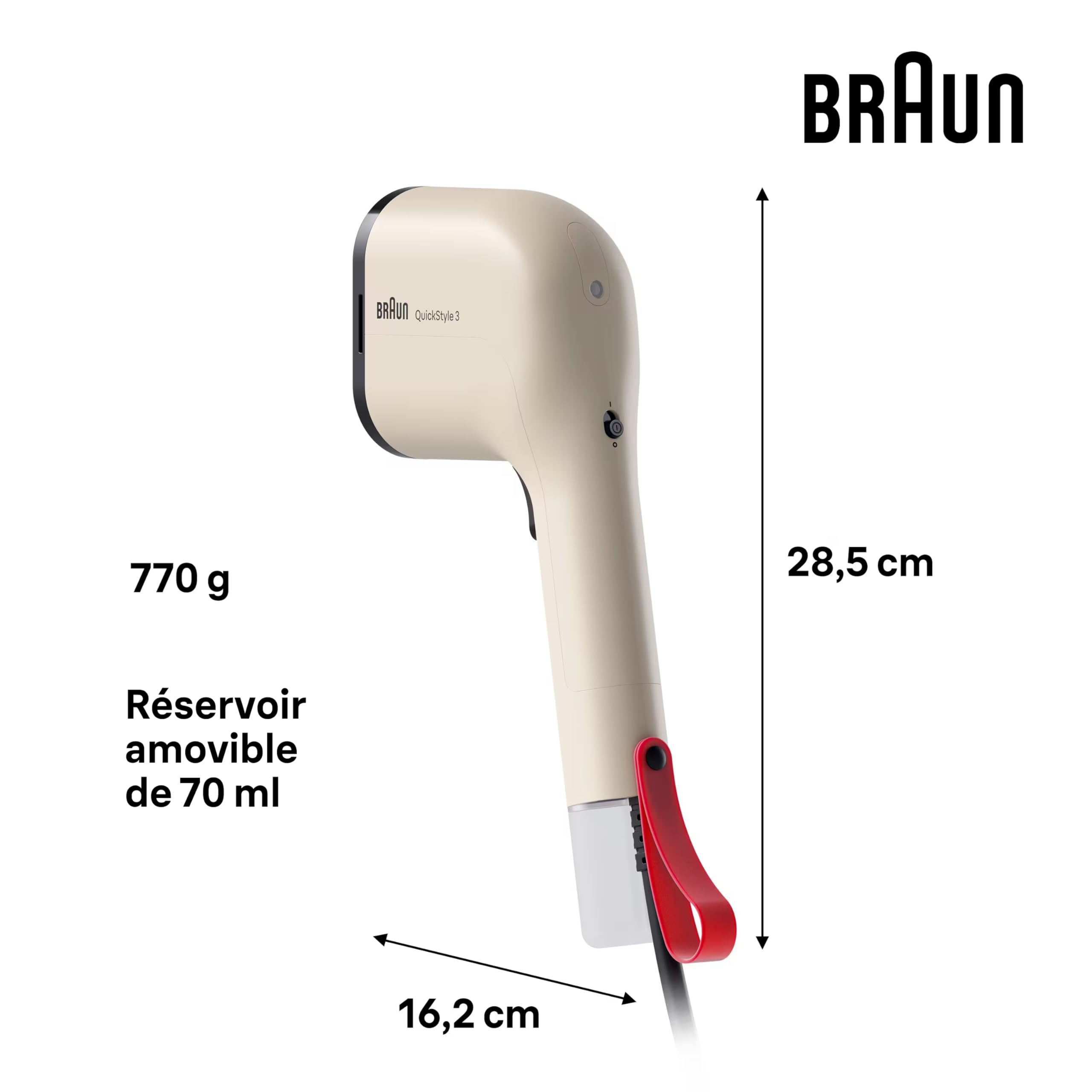 Braun QuickStyle 3, Défroisseur Vapeur Compact et Léger à Chauffage Rapide, Vapeur 20g/min, Réservoir Amovible de 70ml, Sac Résistant à la Chaleur, 1100W, Beige (GS3012BG)