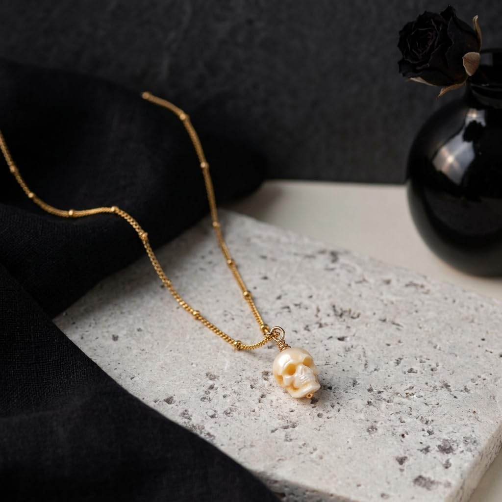 Gothic Skull Pearl Necklace for Women, 14K Gold Plated 925 Sterling Silver Skeleton Pendant with Freshwater Pearl, Statement Jewelry Gift