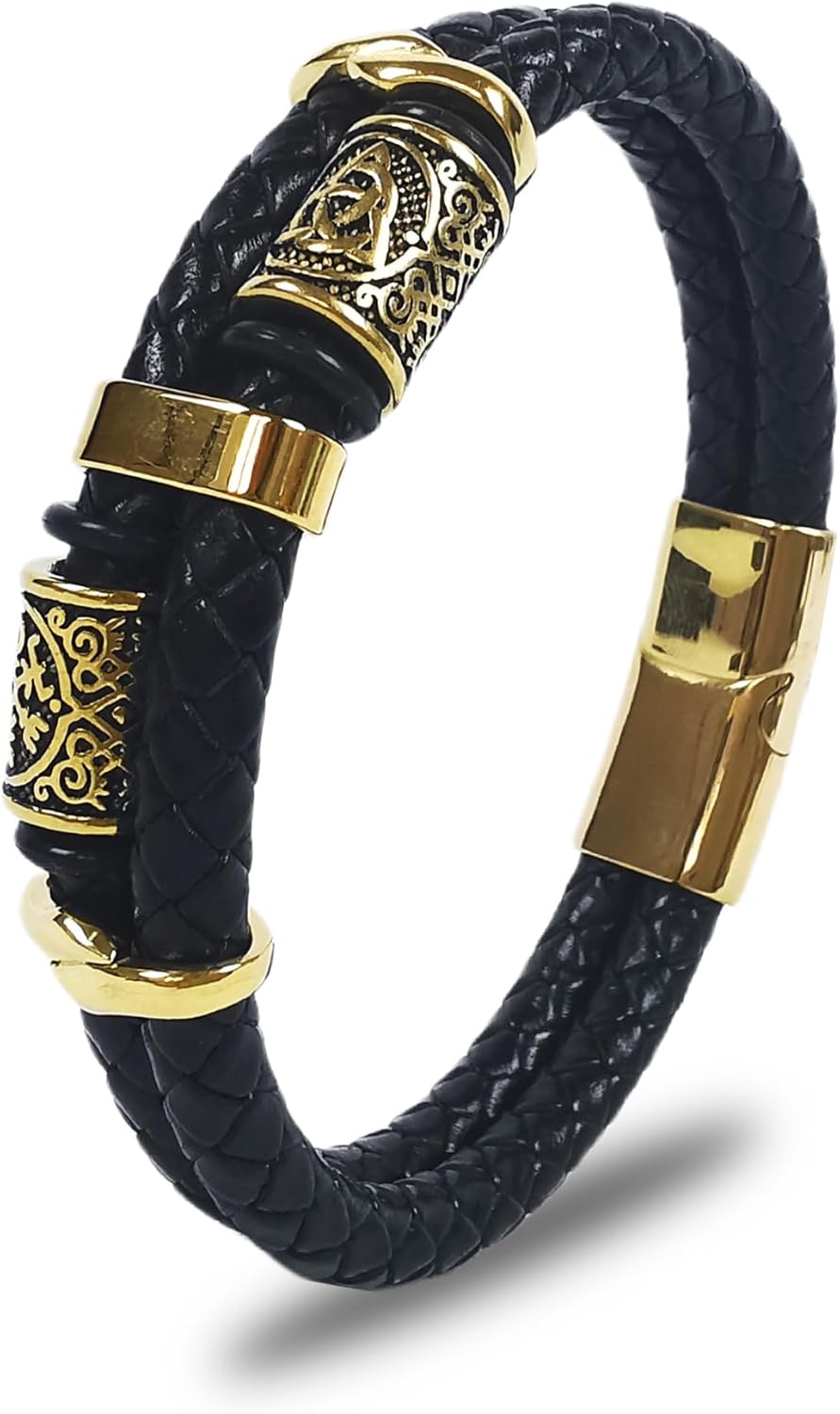 Viking Compass Celtic Knot Bracelet, Mens 14K Gold Plated Black Braided Leather Cuff, 316L Stainless Steel Jewelry for Women Friend Father Husband Son