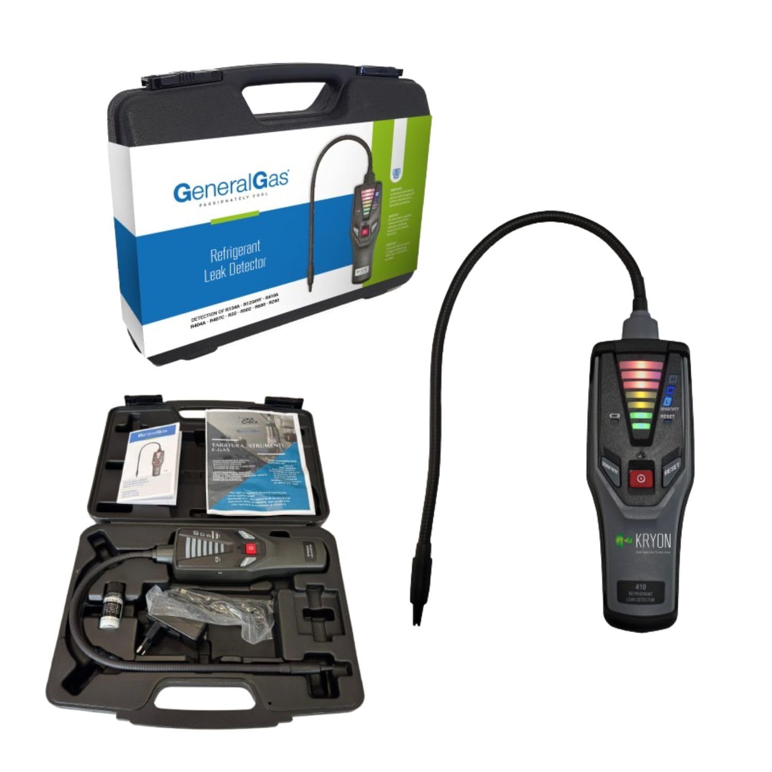 Rilevatore a diodo riscaldato - cercafughe elettronico universale per Gas Refrigeranti HFC e HFO, 1234yf, miscele azoto-idrogeno, R290 e R600a - sensibilità 3 grammi/anno - Rapporto di taratura