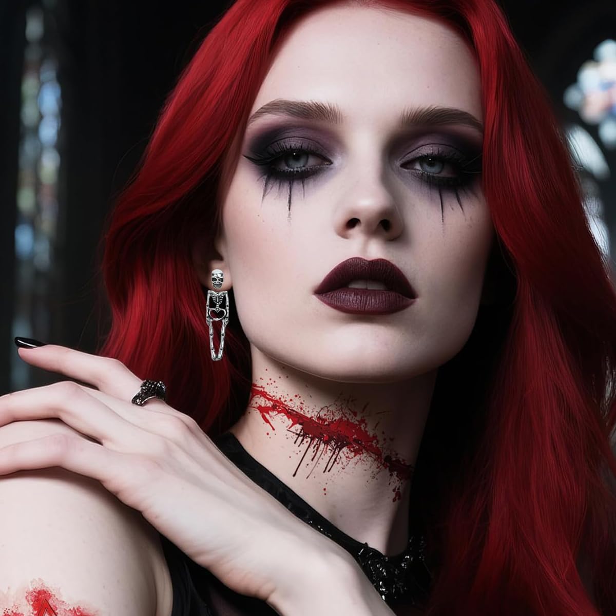 Punk Halloween Earrings for Women, Skeleton Skull Dangle Bloody Ghost Witch Tassel Terror Knife Drop Earrings, Scary Halloween Party Earring for Halloween Accessories. - Image 4