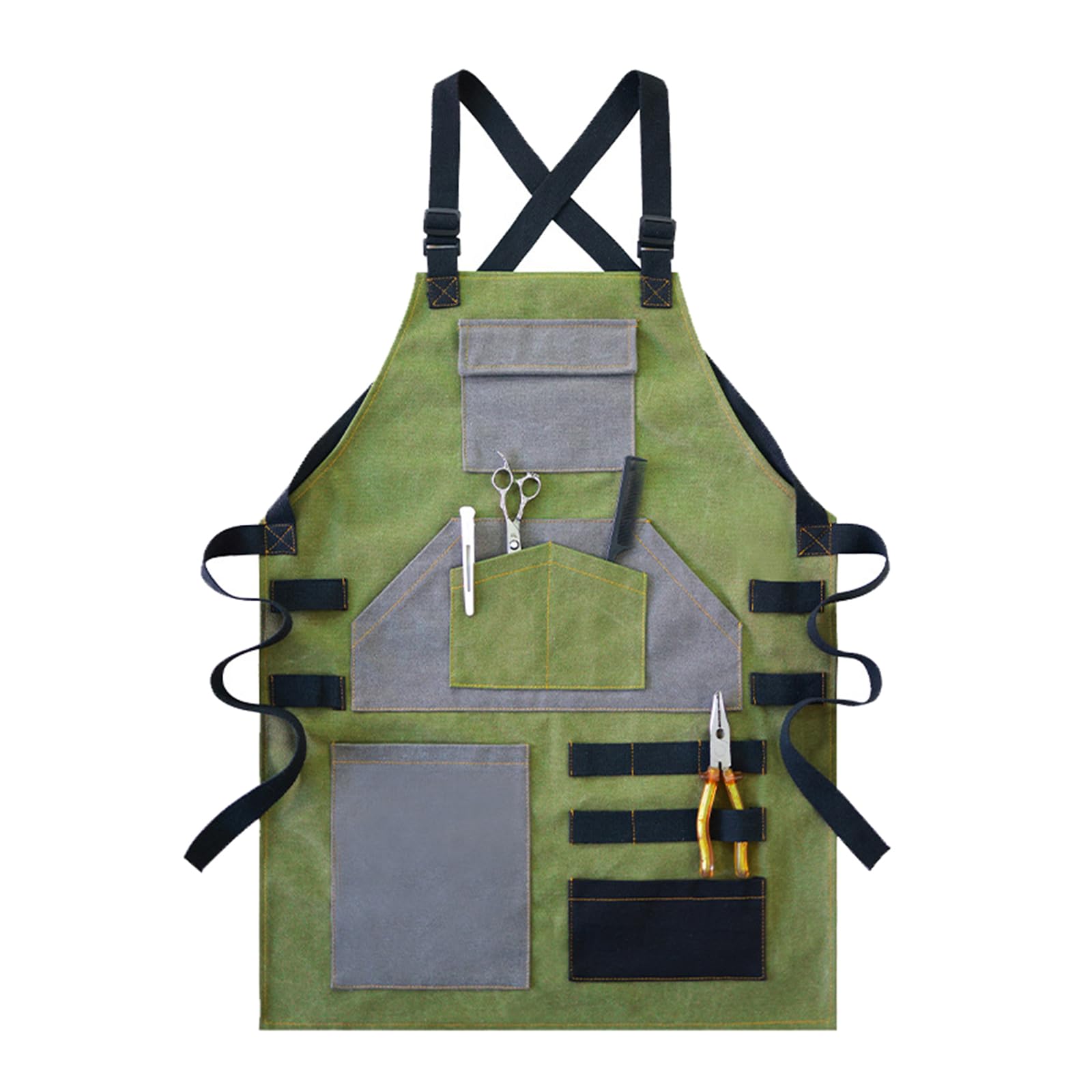 delantal, Delantales de chef for hombre y mujer, delantal camarero con bolsillos, lona, ​​con espalda cruzada, resistente, color verde(Green)