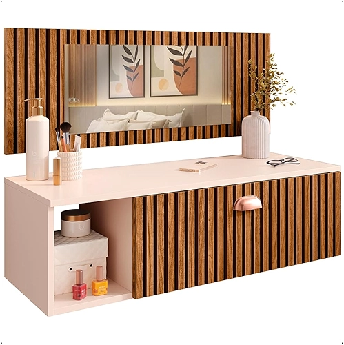 Penteadeira Suspensa Make Up Com Espelho 1 Gaveta Com Divisórias Nicho e Puxador (OffWhite/Ripado)