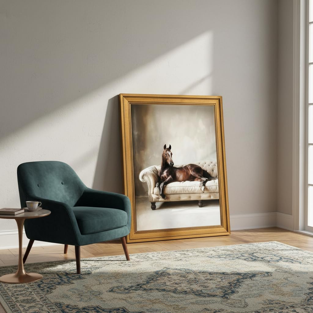 Vintage Gold Framed Horse Wall Art Retro Western Brown Horse On Sofa Painting Picture Wall Decor Antique Country Poster Print Artwork for Living Room Bedroom Office Dorm Home Decoration