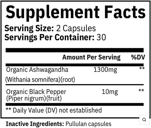Miniatura 2 de Cohld Ashwagandha orgánica 1300 mg  Apoyo al estado de ánimo y estrés con pimienta negra para máxima absorción  60 cápsulas  Fabricado en los