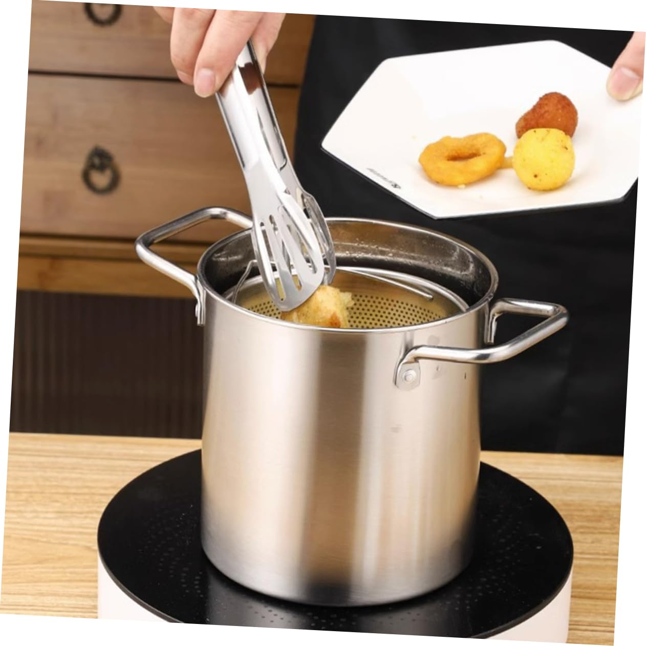 PRETYZOOM Frying Basket Deep Frying Pot Basket Lid Stainless Steel Fryer Pan Set for Home