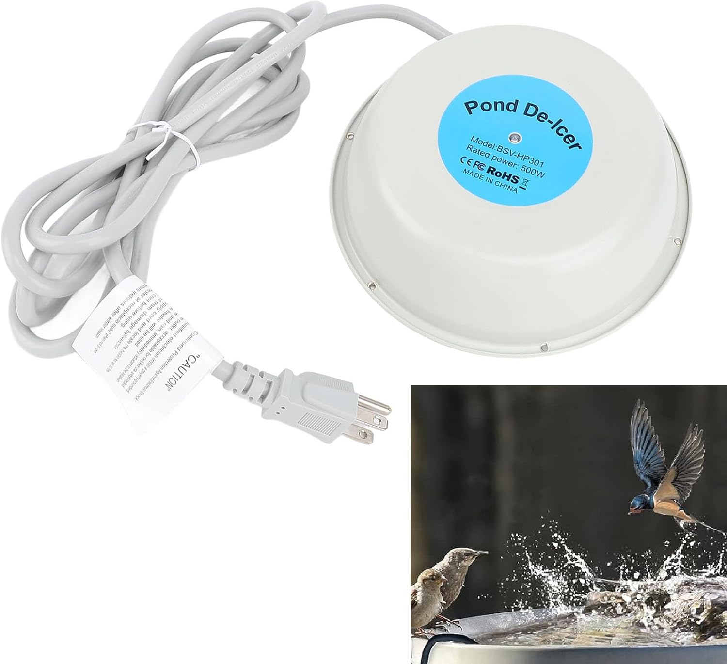 500W Cast Aluminum Birdbath Heater with Thermostat, Floating Pond De Icer for Winter, Intelligent Temperature Control, Heavy Duty Steel Wire Protection, Easy to Install
