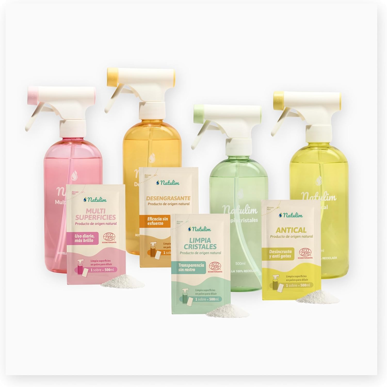 Natulim Pack 4 Esenciales de Limpieza del Hogar - Limpiacristales, Antical, Multisuperficies y Desengrasante - Set Pulverizador Recargable 500 ml + 8 Sobres - Fórmula Eficaz y Natural