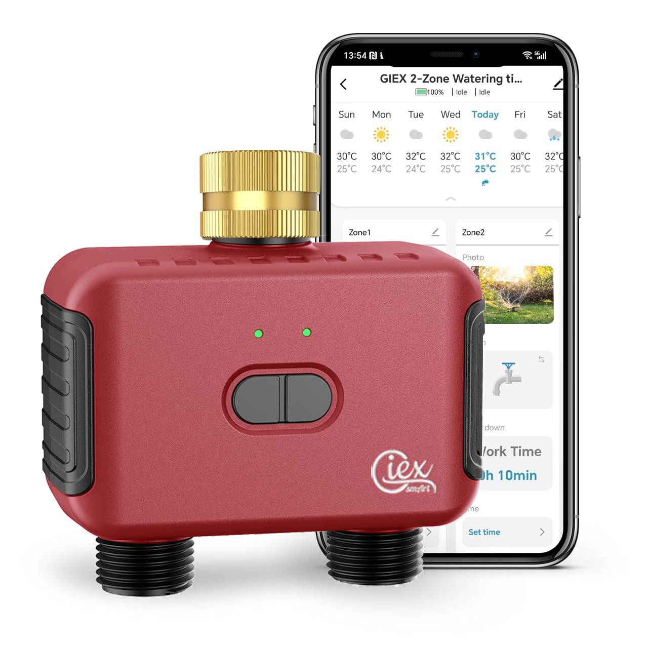 GIEX ZIGBEE bewateringstimer met 2 zones, slimme tuinirrigatiecontroller voor tuinslangen, compatibel met TUYA APP en Smart Life