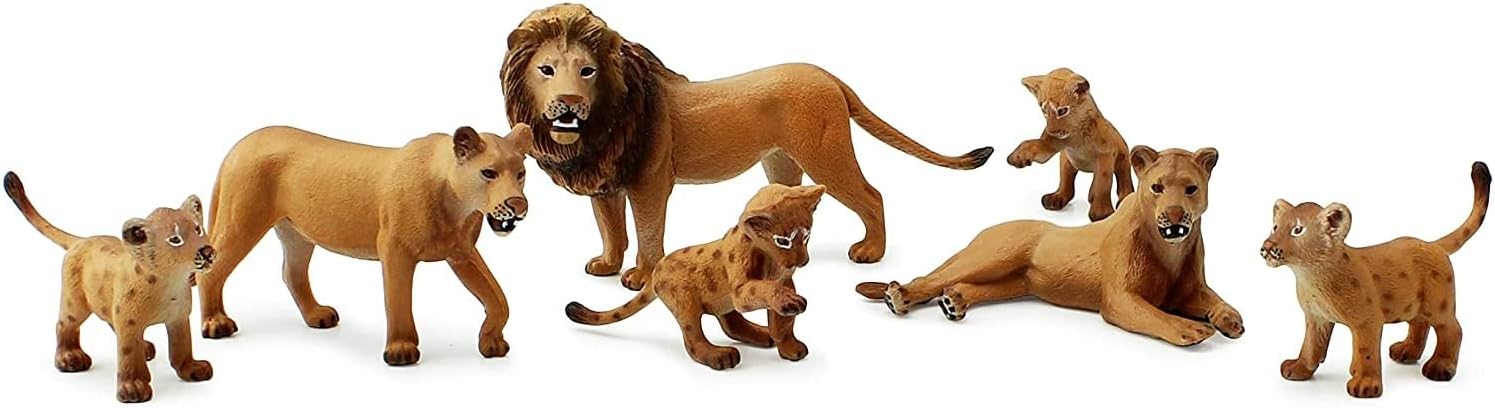 Lion Figure Family (7-Piece Set), Pride of Lions Action Toy Figures with King Lion, Lionesses and Cubs