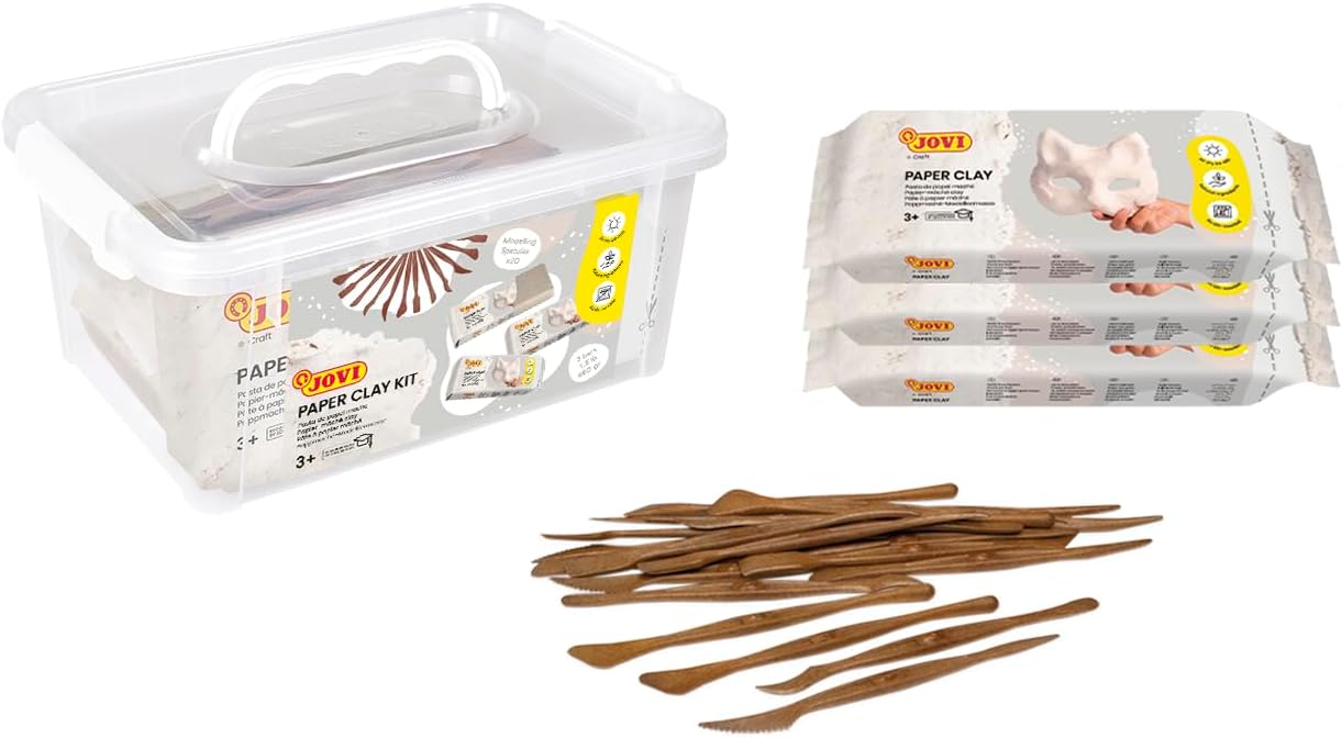 Jovi - Complete Ready-to-use Papier Mache Set with 3 1.5lb Bars and 20 Modeling spatulas, School Pack, Air Hardening for Arts & Crafts Projects