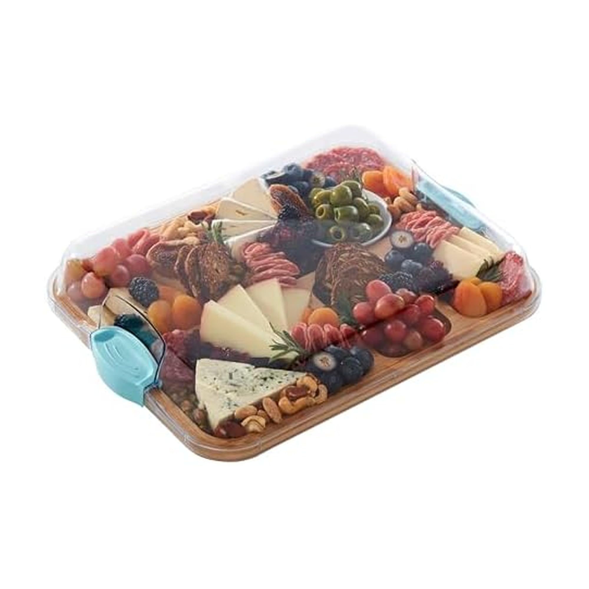Farberware Build-A-Board Bamboo Cutting Board with Built-in Compartments and Clear Locking Lid with Blue Handles, Perfect for Charcuterie, Snacks, and More