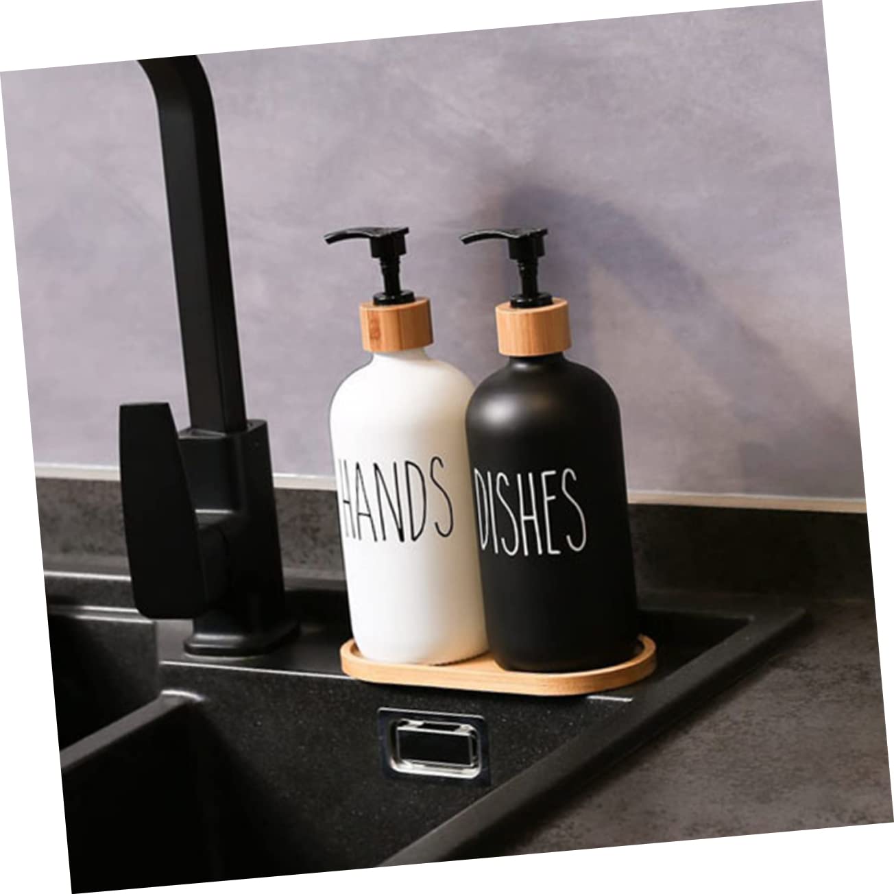 Mikikit Dispensador de Jabón de Vidrio con Bomba, Recargable y Resistente a Fugas, con Bandeja de Madera para Baño y Cocina,