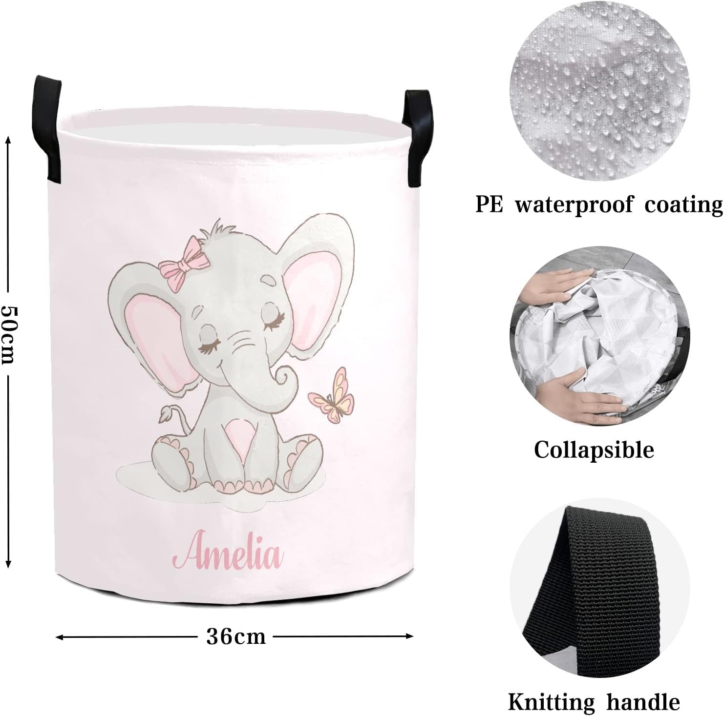 Baby Elephant Personalized Laundry Basket Clothes Hamper with Handles Waterproof,Collapsible Laundry Storage Baskets for Bathroom,Bedroom Decorative 19.7"Hx14.2"D
