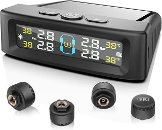 TPMS(0-5bar) Sistema De Monitoreo De PresióN De NeumáTicos Carga Solar USB Monitor con 4 Sensor Presion Neumaticos, Pantalla De PresióN en Tiempo Real para Coches SUVS Camión, Caravana