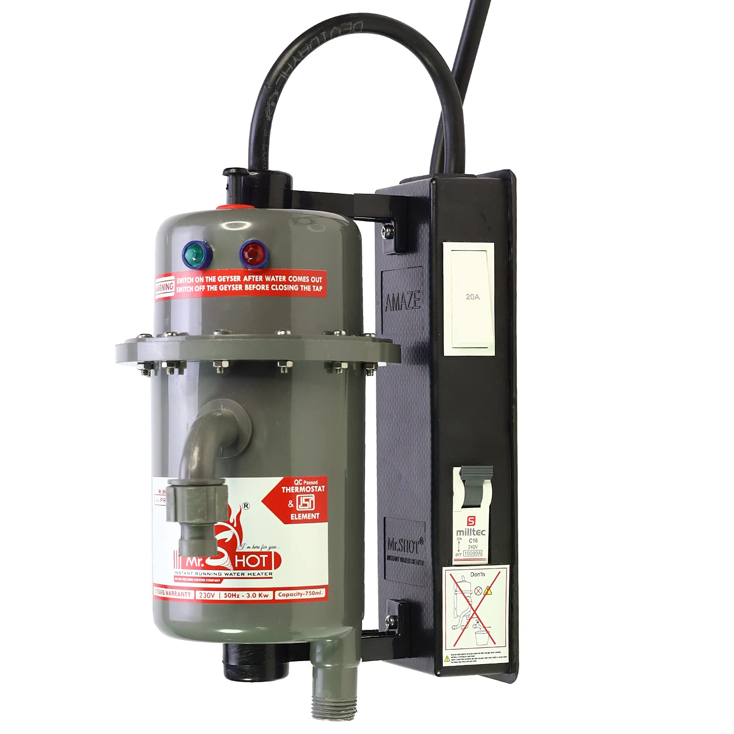 Mr.SHOT® AMAZE Fitted with Miniature Circuit Breaker and ON OFF Switch/Made of First Class ABS Plastic/Water Inlet and Outlet Threaded Model/Manual Reset Model/Color GREY