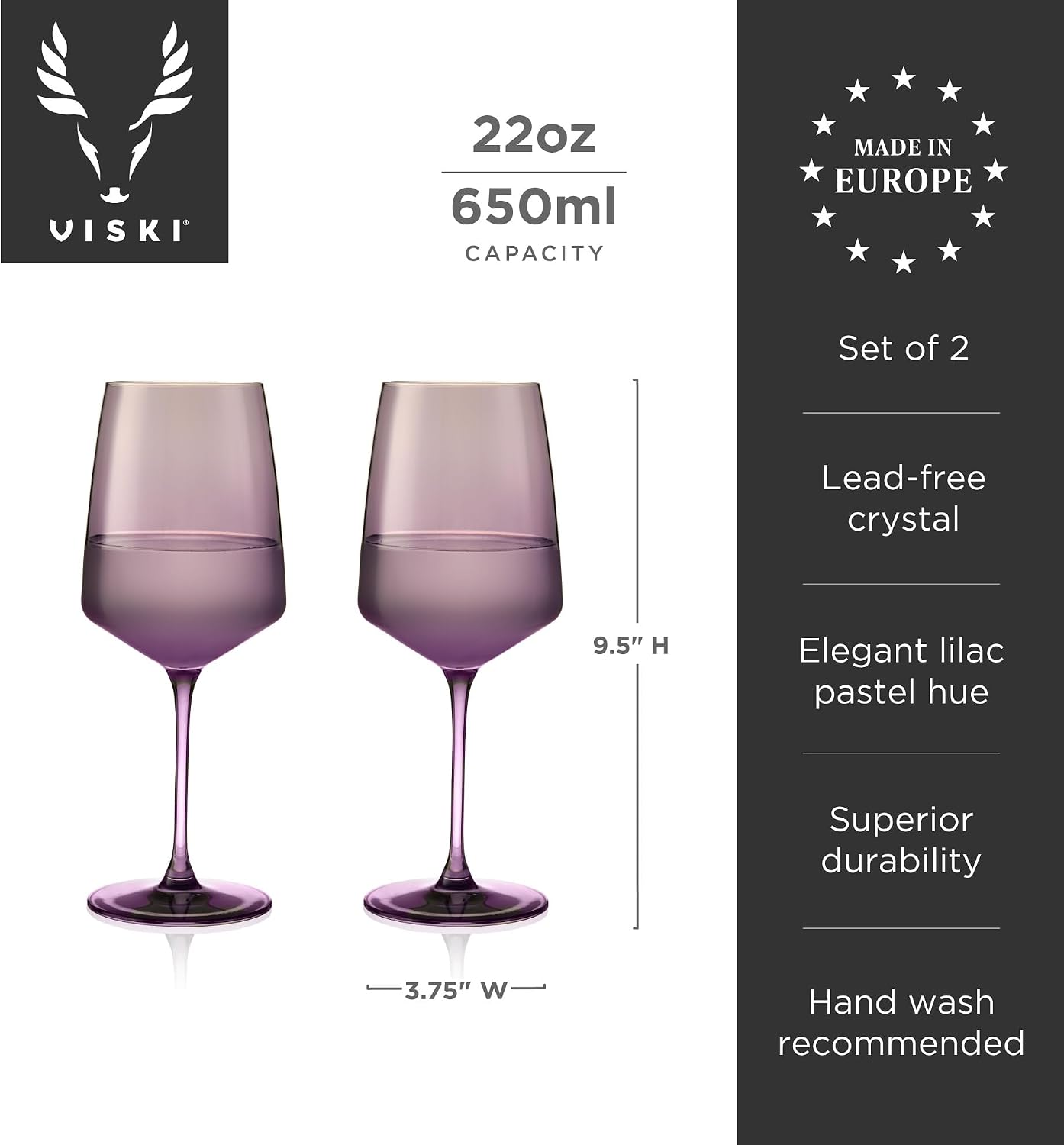 Viski Reserve Nouveau Purple Crystal Wine Glasses, Set of 2 European-Made Glassware Drinking Glasses for Red & White Wines, Wedding Gifts, Birthday Gifts for Women, Bridal Shower, Dinner Parties, 22oz