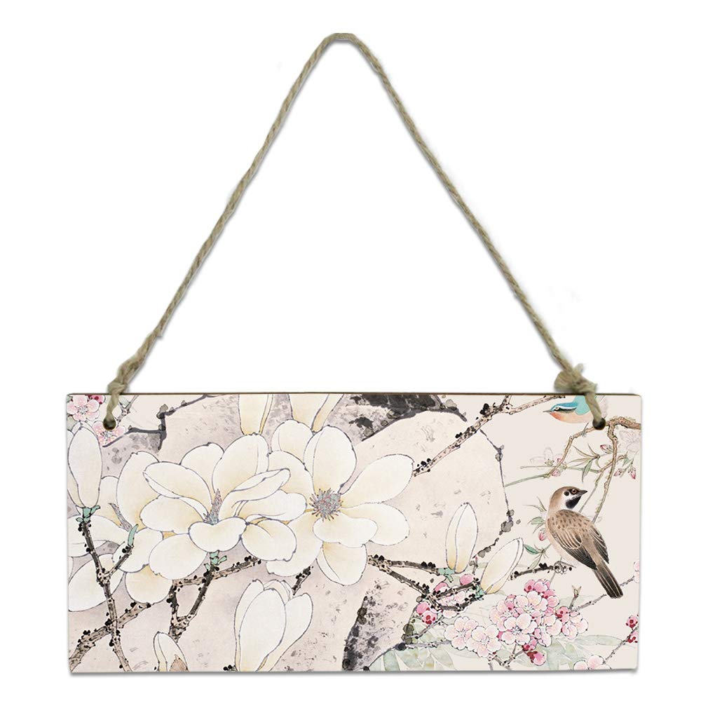 Hanging Sign, Chinese Scenery Painting Flower Bird Mountains Branches Tree Welcome Door Sign Wooden plaques Wall Decor Wood Sign with Rope for Home, Porch,Front Door,Garden, 8 x 4 Inches
