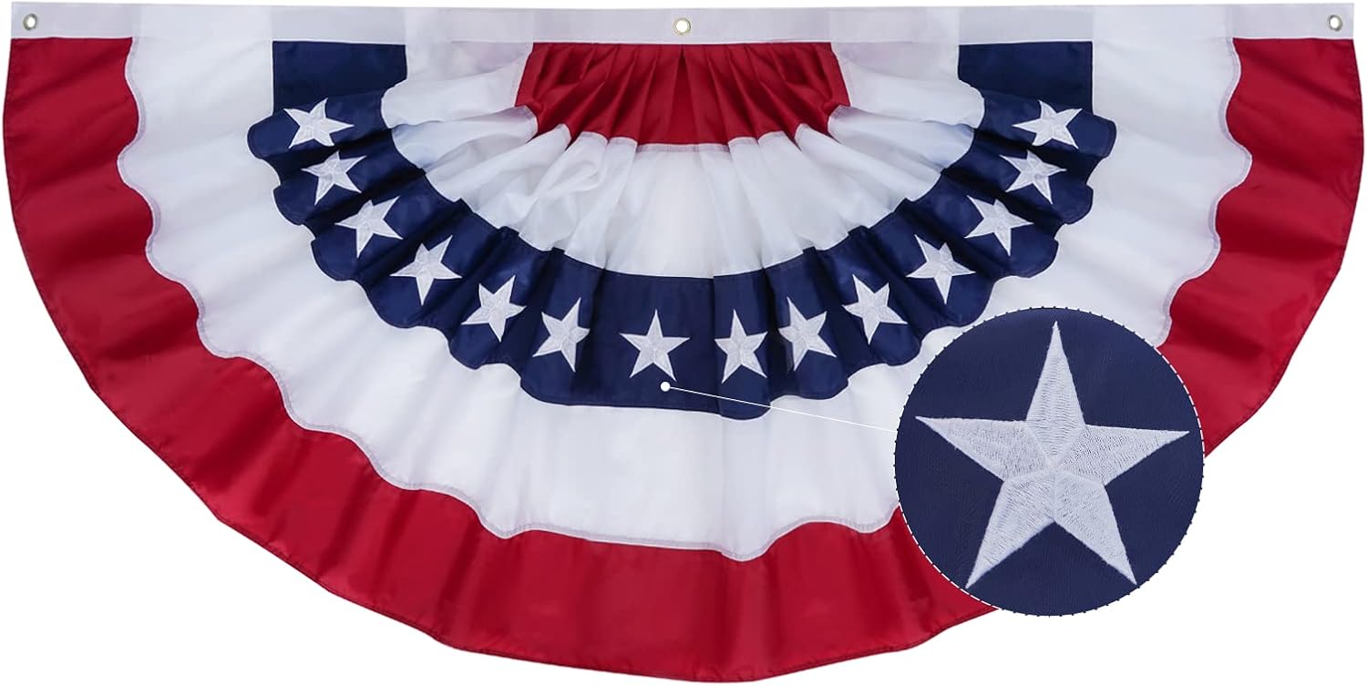 SYII Bunting Flag 1.5x3 Feet Outdoor, Embroidery Stars American US Bunting Flags with 3 Brass Grommets, Patriotic Half Fan Banner for Fourth of July Decor, 4th of july Decorations Outdoor