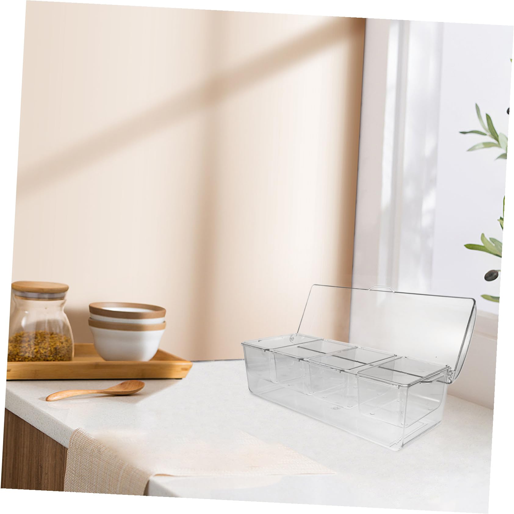 INOOMP Contenitore Condimenti Refrigerato Trasparente con Scomparti e Coperchio Organizer Salate Portatile per Feste Picnic e Barbecue Multiuso con Forchette e Clip