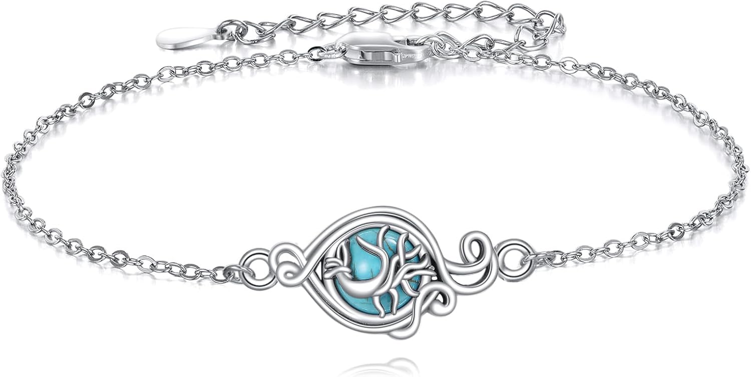 Tree of life Turquoise Bracelet 925 Sterling Silver 8mm Round Natural Turquoise Tree of life Bracelet Jewelry Gift for Women