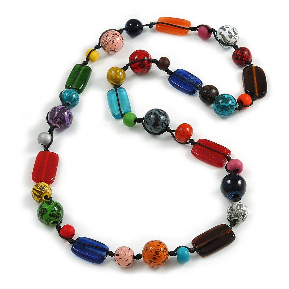 Avalaya Collana Lunga Multicolore Con Anello In Legno E Perline Di Cotone - Regolabile 90 Cm, Stile Tribale, Unica