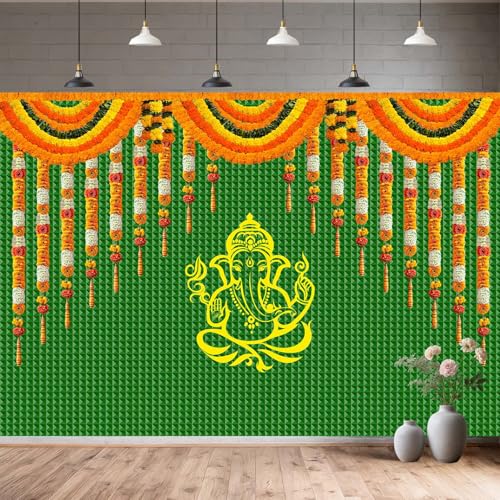 Image of 15x10FT India Pooja Traditional Backdrop Marigold Green Banana Leaf Chatiya Ganesh Traditional Festival Photography Background Puja Ganpati Wedding Party Decoration Photo Props