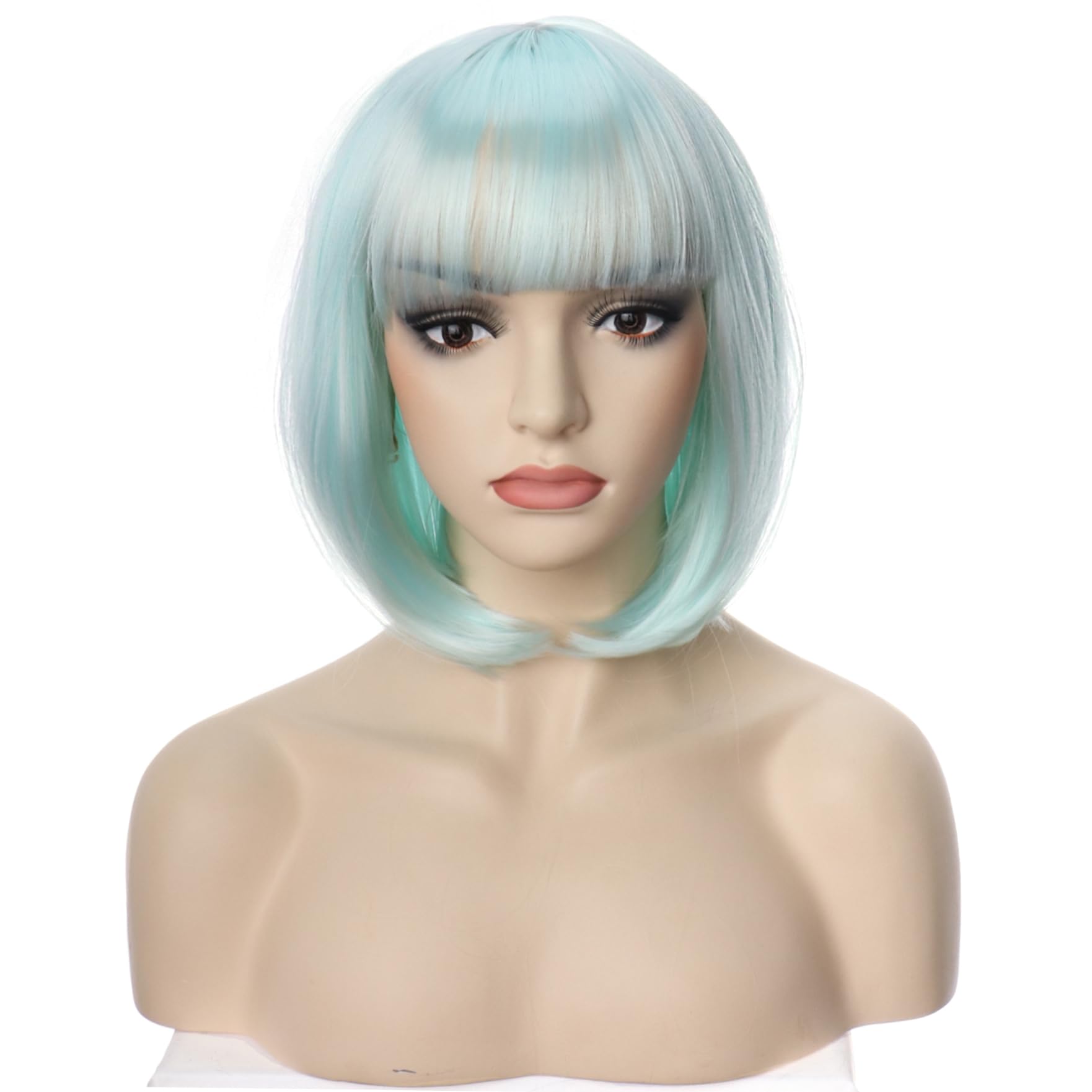 PORSMEER Short Light Green Bob Wigs with Fringe For Unisex Womens Natural Synthetic Hair Colorful Costume Cosplay Wig for Anime Halloween Fancy Dress Party+Wig Cap - Image 2