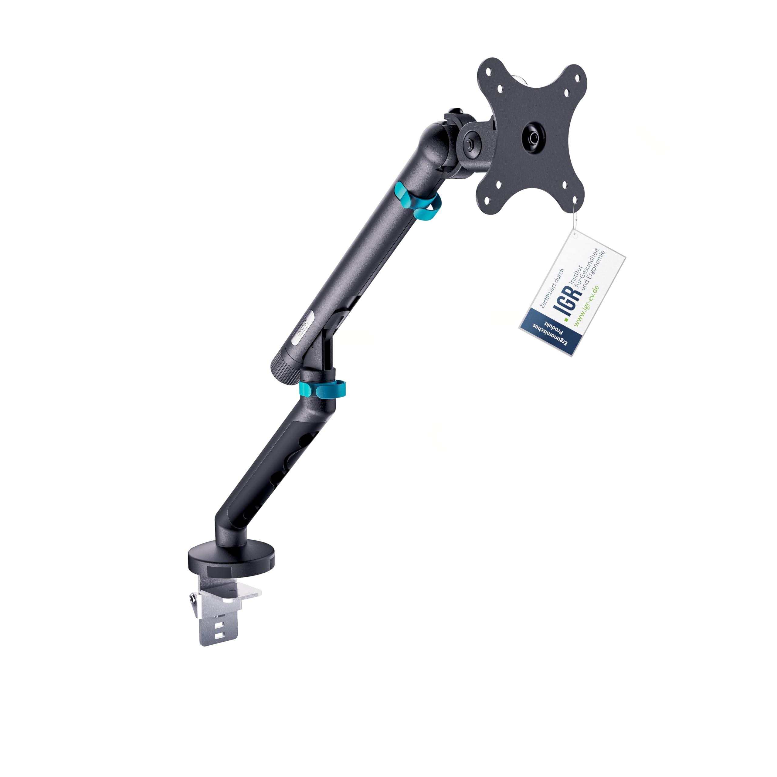 DIGITUS Monitor Halterung 1 Monitor – bis 35 Zoll – mechanische Feder | 10 kg Traglast – für Flach- und Curved-Bildschirme – VESA 75x75, 100x100 – Tischklemme – Schwarz