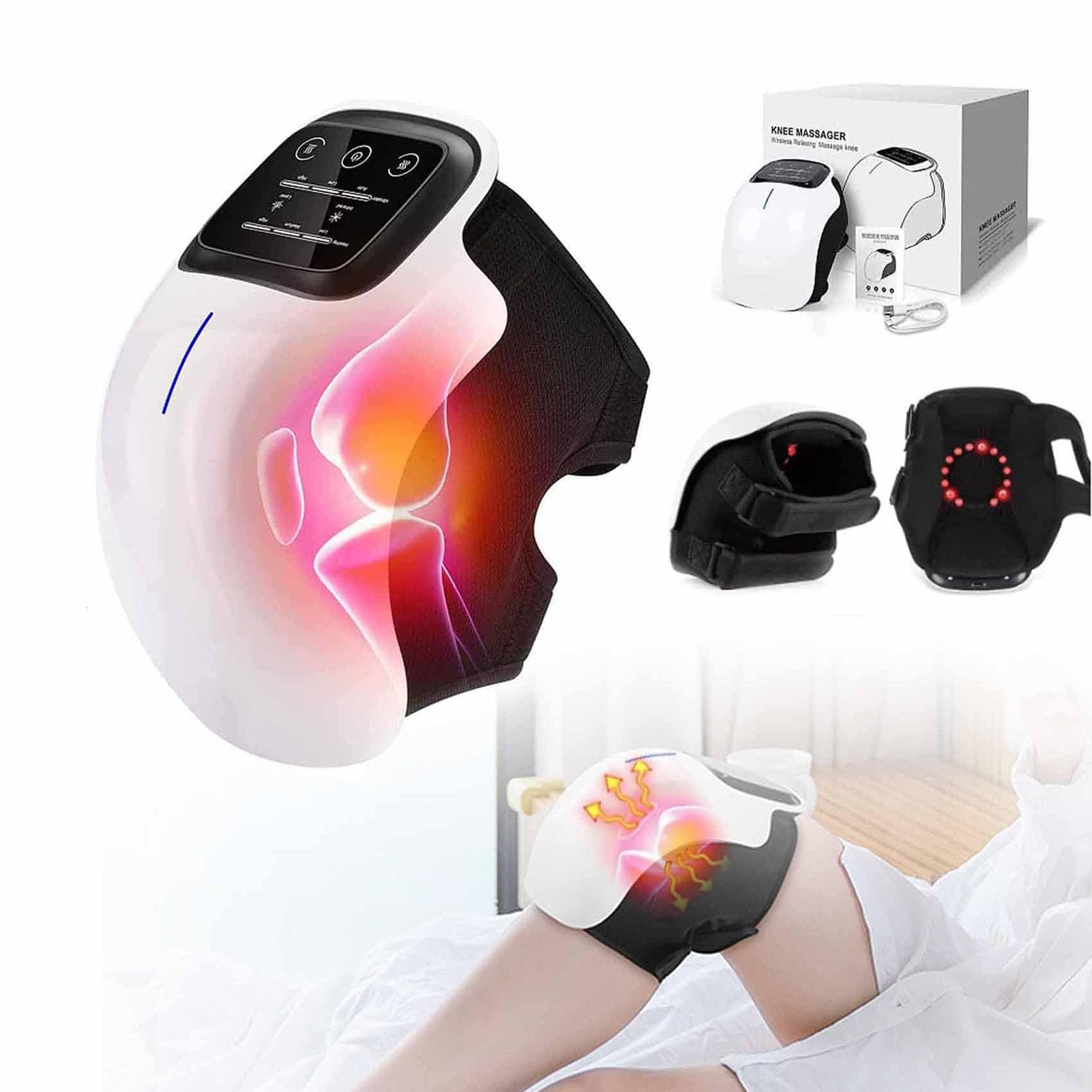 Masajeador de Rodilla Inalámbrico con Calentamiento y Vibración, Rodillera por Vibración y Calor con láser Infrarrojos, Terapia con Láser y Vibración, 3 Niveles de Calefacción