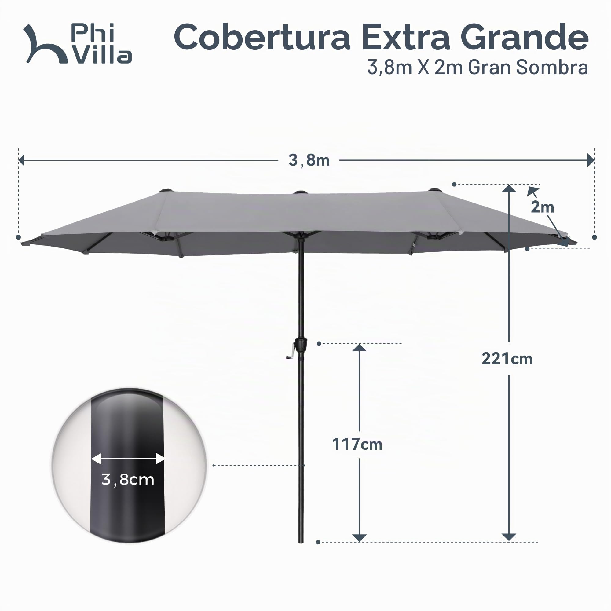 PHI VILLA Sombrilla rectangular grande, 200 x 380 cm, para jardín, terraza, jardín, con manivela, protección UV, parasol, resistente al viento