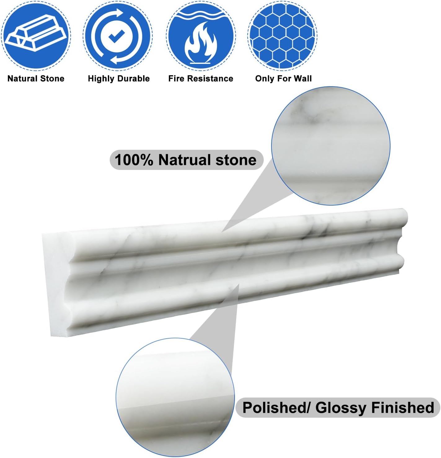Carrara White 8 Pack of 2x12'' Marble Chair Rail Trim Molding Polished Ogee Edge Trim Tile for Bathroom