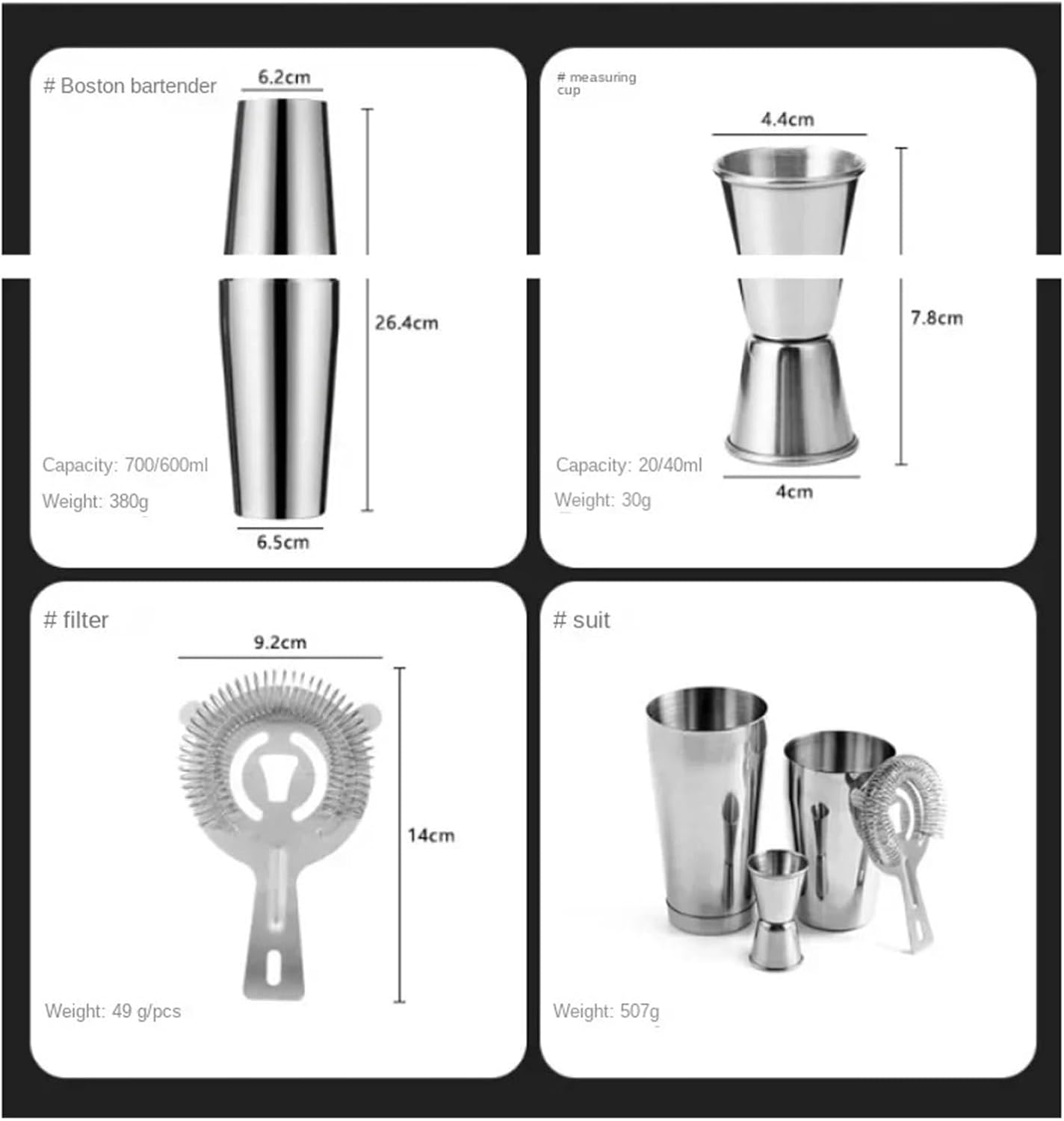 4-Piece Cocktail Shaker Set – Boston Tins, Strainer, and Double-Sided Measuring Jigger for Mixed Drinks(700 600ml)