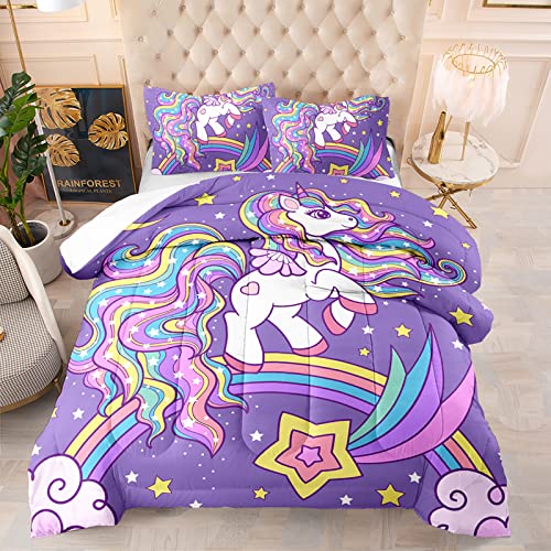 Qoomo Unicorn Comforter Queen Size,Rainbow Unicorn Comforter Set For Kids Teens Girls,3Pcs Bedding Set Printed Comforter With 2 Pillowcases,Down Alternative,Soft And Lightweight(Purple，Queen Size) #TOP8