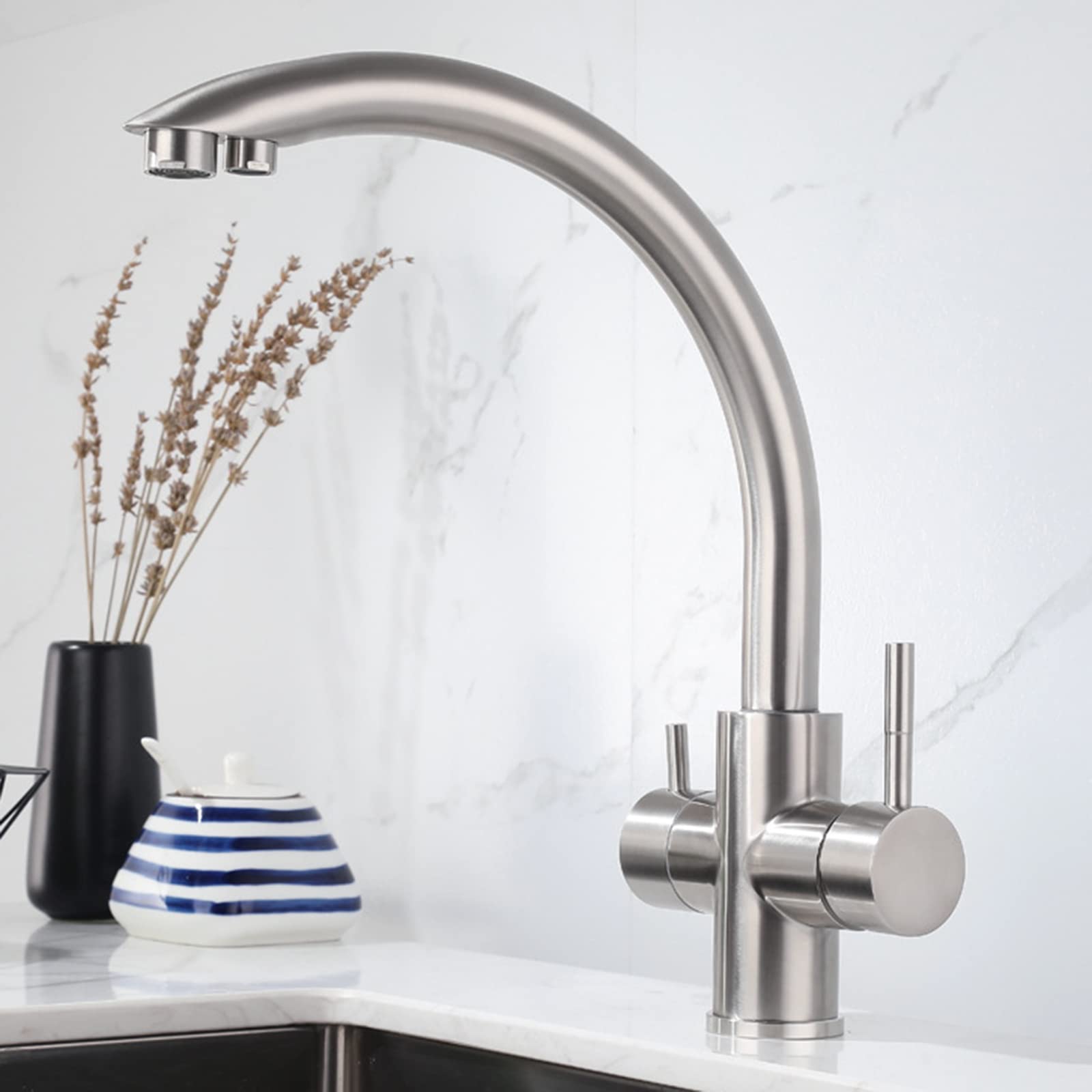 Robinet de cuisine 3 voies pour filtre à eau en acier inoxydable brossé LWX