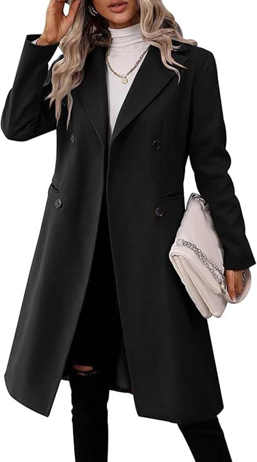 Sexyshine Women's Winter Double Breasted Long Coats Notch Lapel Collar Pea Coat Slim Fit Trench Coat Jacket Outwear