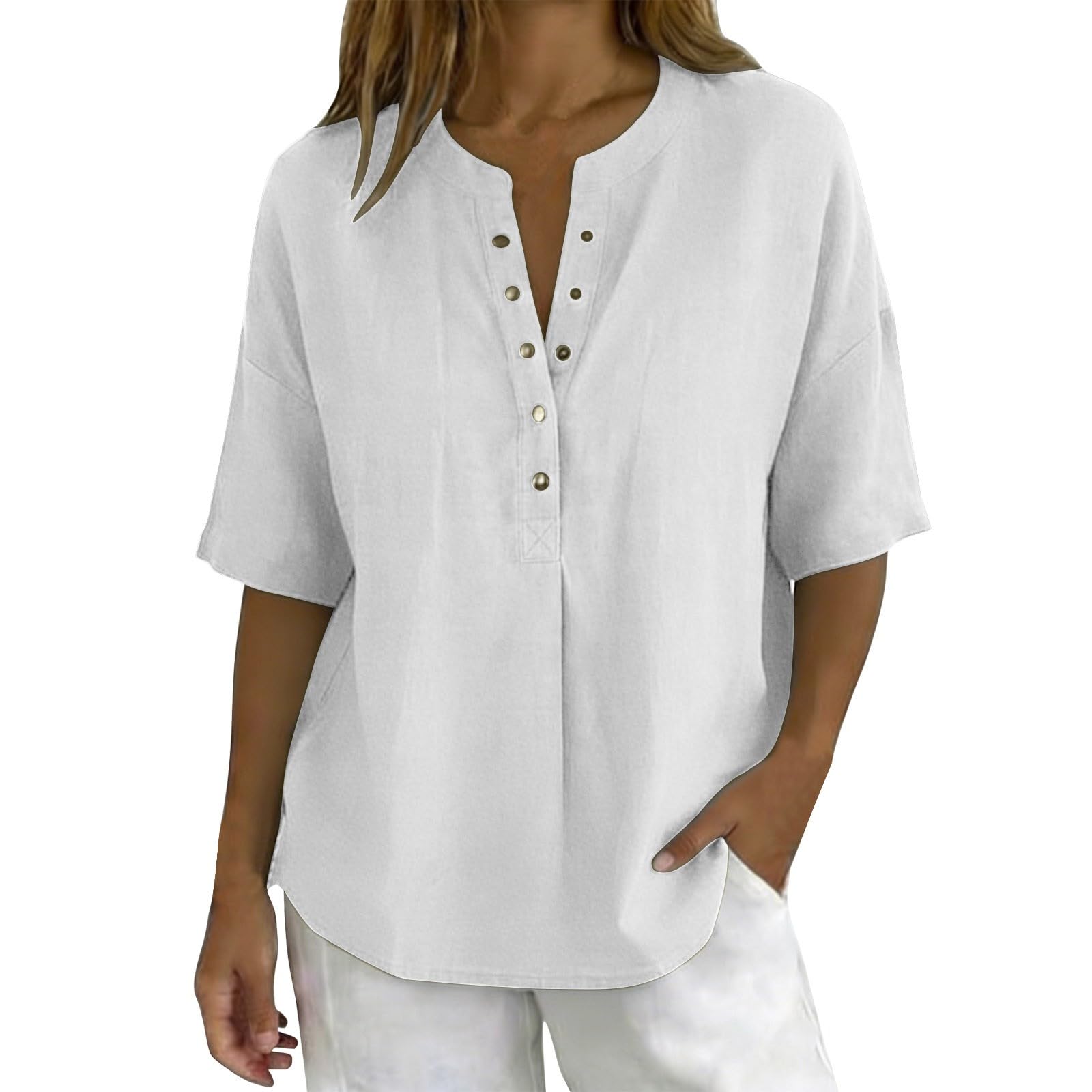Blusa informal para mujer, mezcla de algodón y lino, manga corta, cuello en V, botones y ajuste holgado, top de verano para mujer