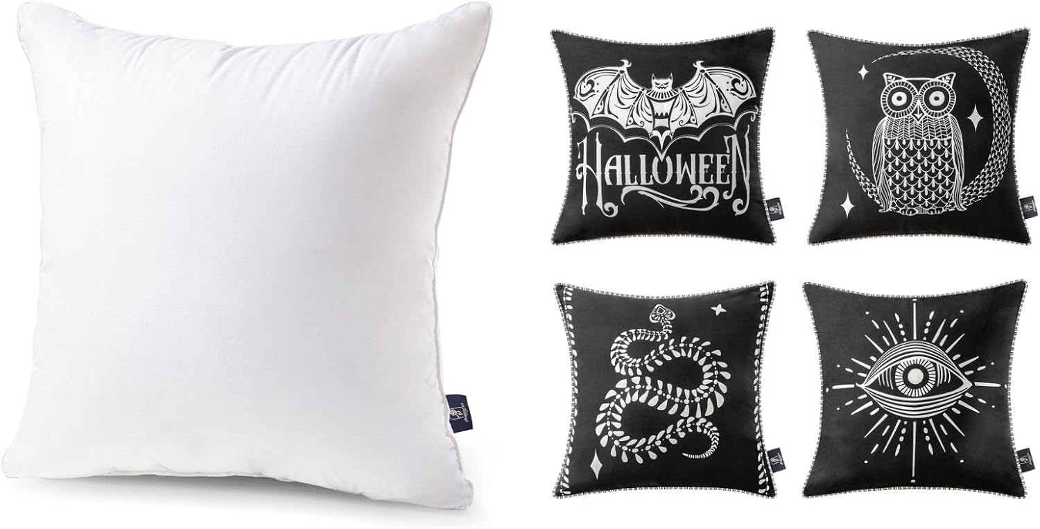 Phantoscope 20x20 Pillow Insert - Throw Pillow Insert with 100% Cotton Cover Bundle Pack of 4 Happy Halloween Throw Pillow Covers, Printed Halloween Bat Owl Snake and Totem Eye