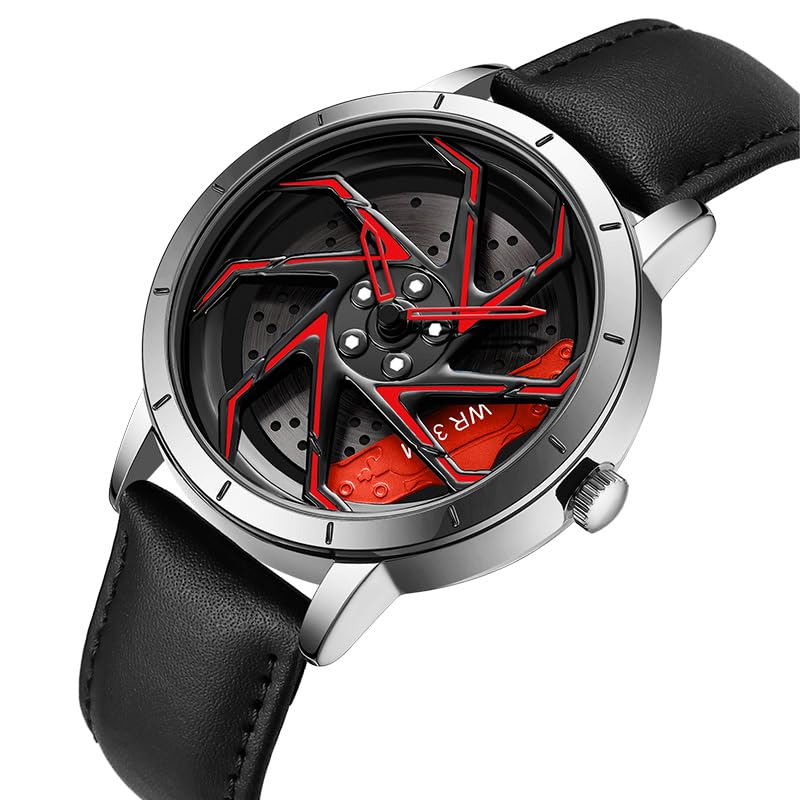 Image of FANMIS Men's Racing Car Wheel Watch 3D Spinning Dial Stainless Steel Watch | Creative 3D Spinning Car Quartz Large Skeleton Face and 30M Water Resistance Designed for Car Fans and Daily Wear.