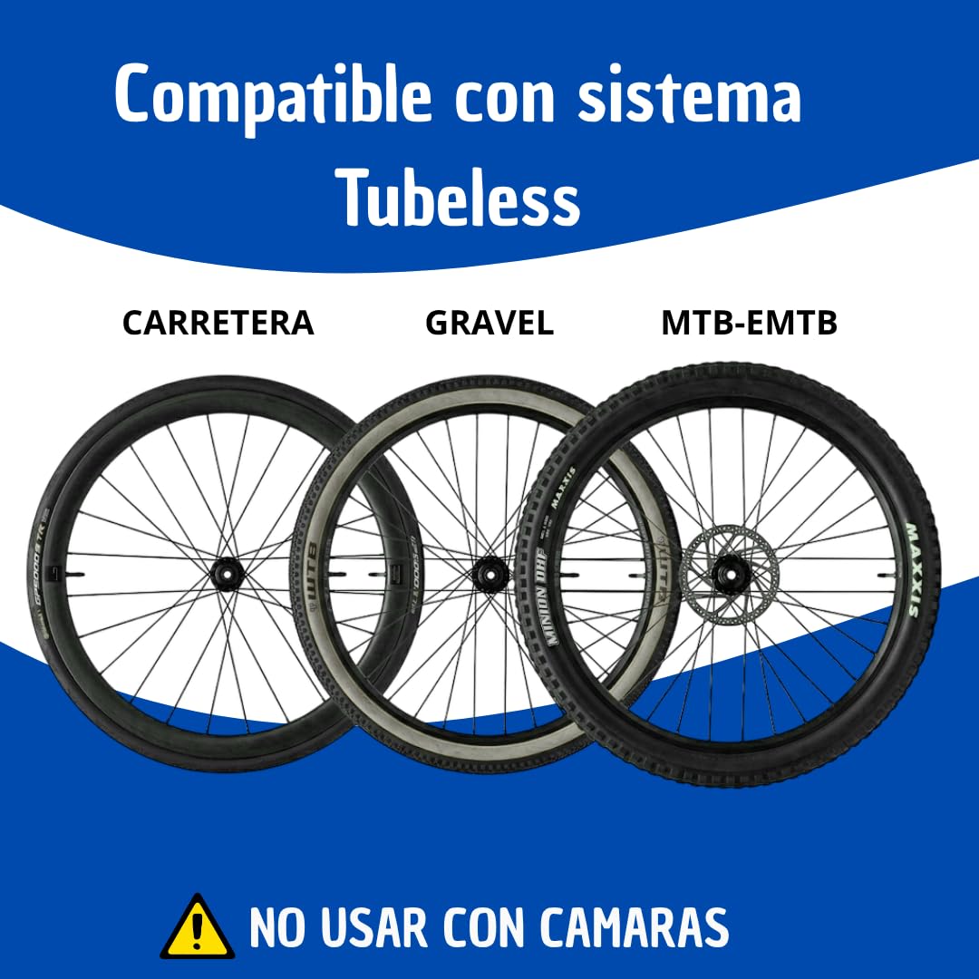 Kit para tubelizar 2 Ruedas Completo con liquido,valvulas Presta,Kit dosificacion y Cinta de 25mm