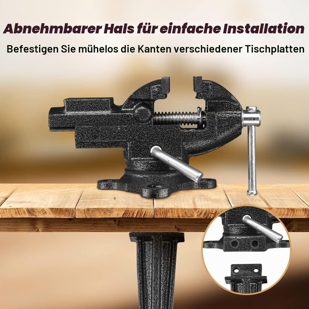 TEENO Schraubstock Drehbar,Breite der Backe 85 mm, Schraubstock klemmbar mit 360° Drehbarem Sockel, Material aus Gegossenem Stahl, 800 kg, Abnehmbar und mit Doppeltem Verwendungszweck (85 mm)