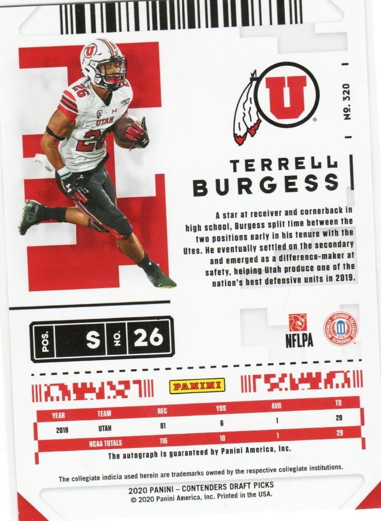 Terrell Burgess Autographed Rookie Card College Ticket Auto Collectible Football Card - 2020 Contenders Draft Picks Football Card #320 (Utah)