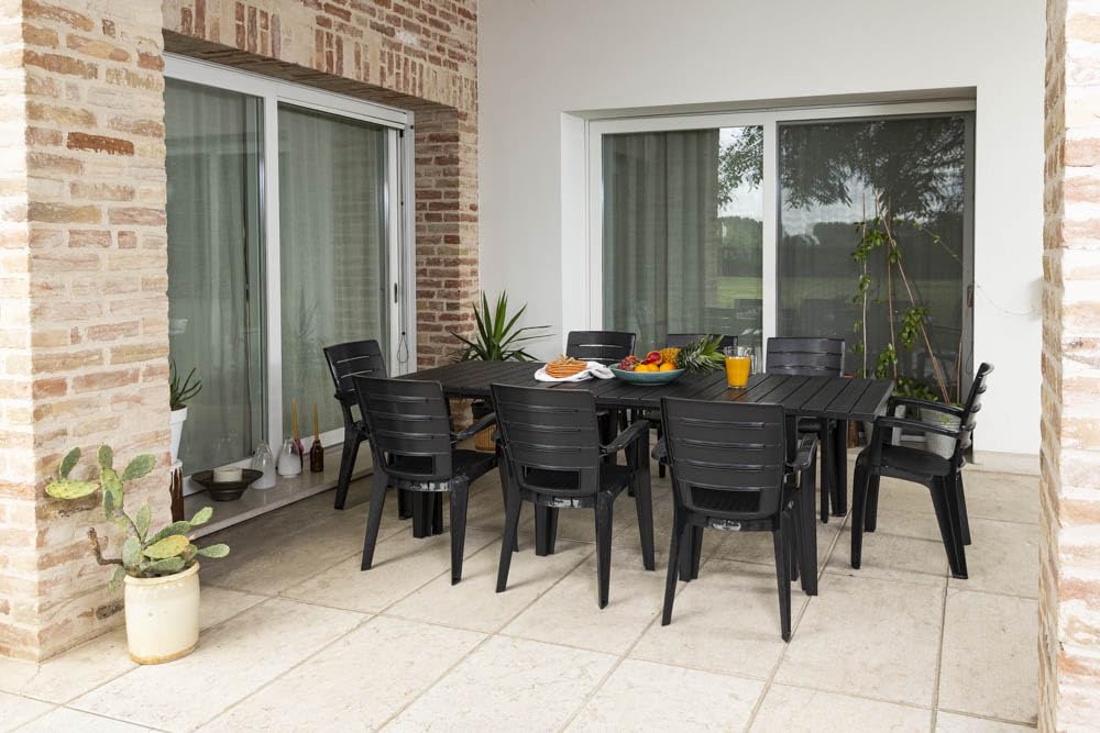 SIEDITI FUORI E DENTRO Mesa de exterior/jardín extensible 180/240 x 90 cm con patas de acero y tapa de polietileno efecto madera, hasta 10 personas Thomas XL (antracita)