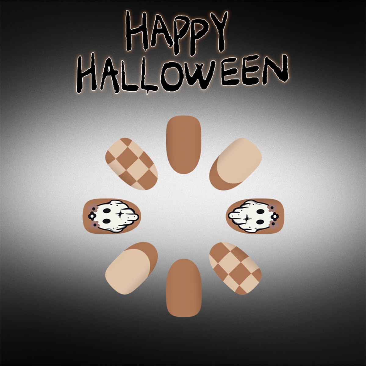 Halloween Almond Press on Nails Cute Ghost Checkerboard Brown Fake Nails