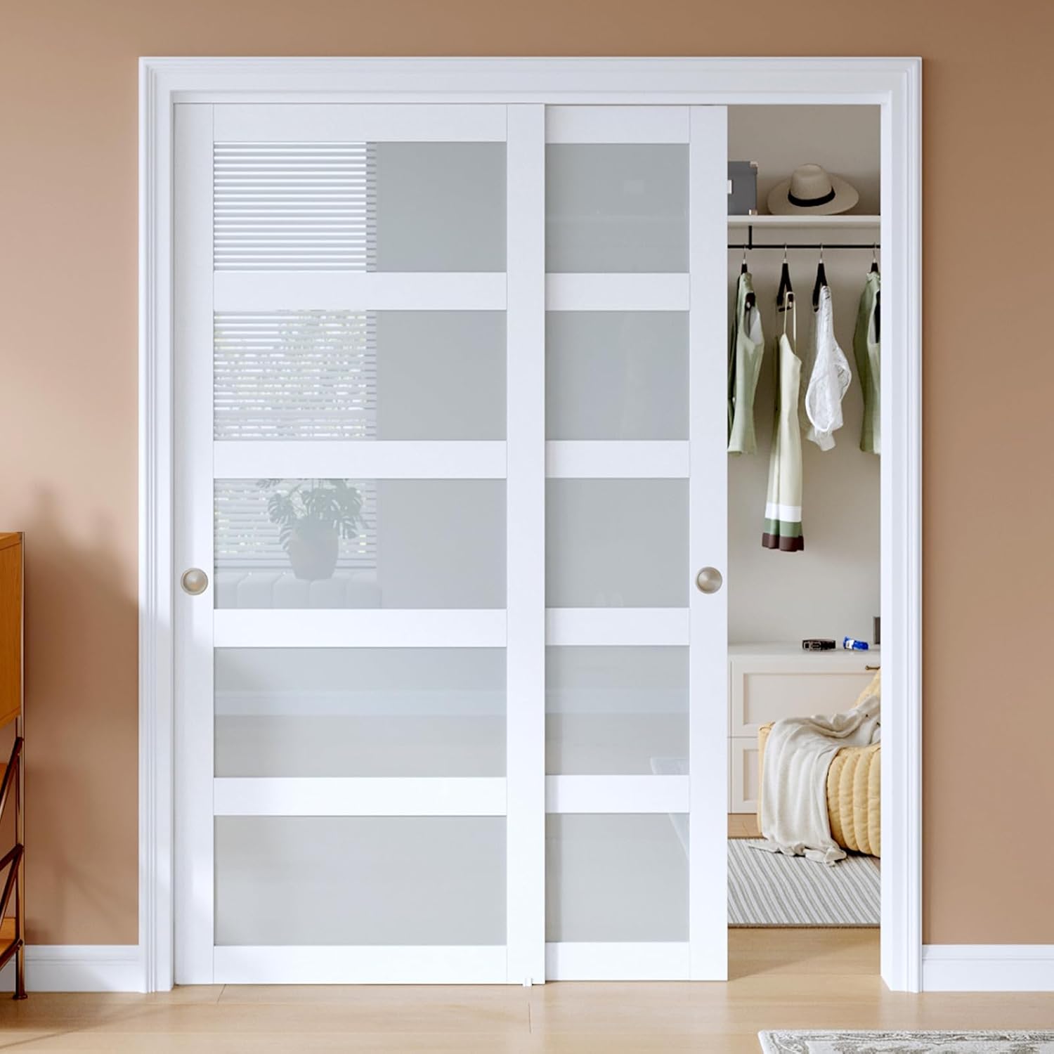 EaseLife 64"x80"(Double 33"x80") Sliding Closet Door for Bedroom,5-Lite Frosted Glass Bypass Sliding Door with Hardware Kit,Solid MDF Wood Slab & Water-Proof PVC Surface,White